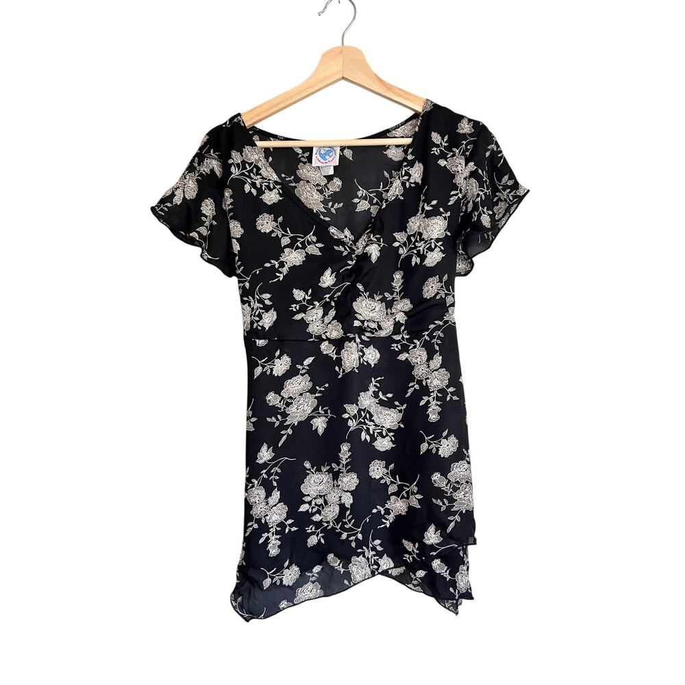 VTG Flowy Black Floral Maternity Top with Tie Back Made in USA Size XL